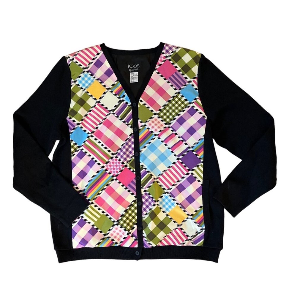 VTG New Koos Of Course M Cardigan Sweater Jacket Silk Black Madras Plaid Pink